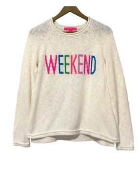 Lilly Pulitzer Cream Sweater with Pink, Blue & Green "WEEKEND"